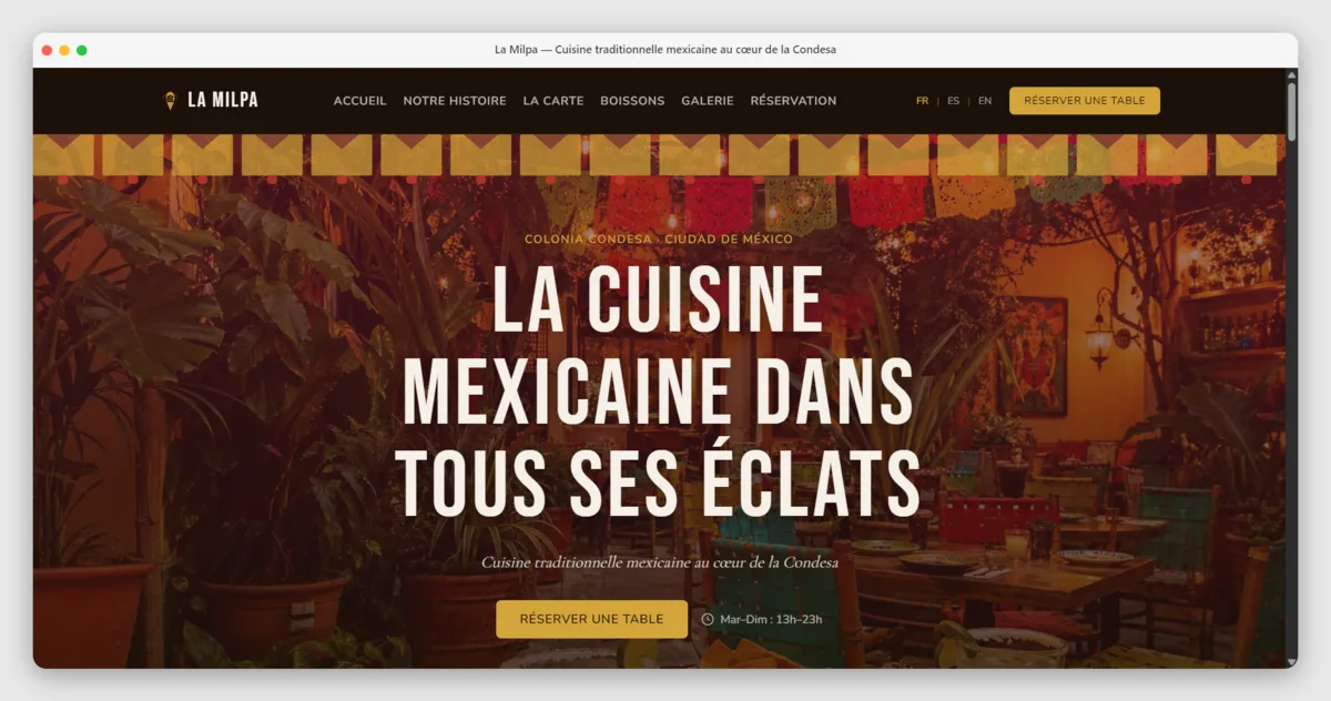 Mockup du site web du Restaurant La Milpa, Condesa CDMX — réalisation Le Web Studio