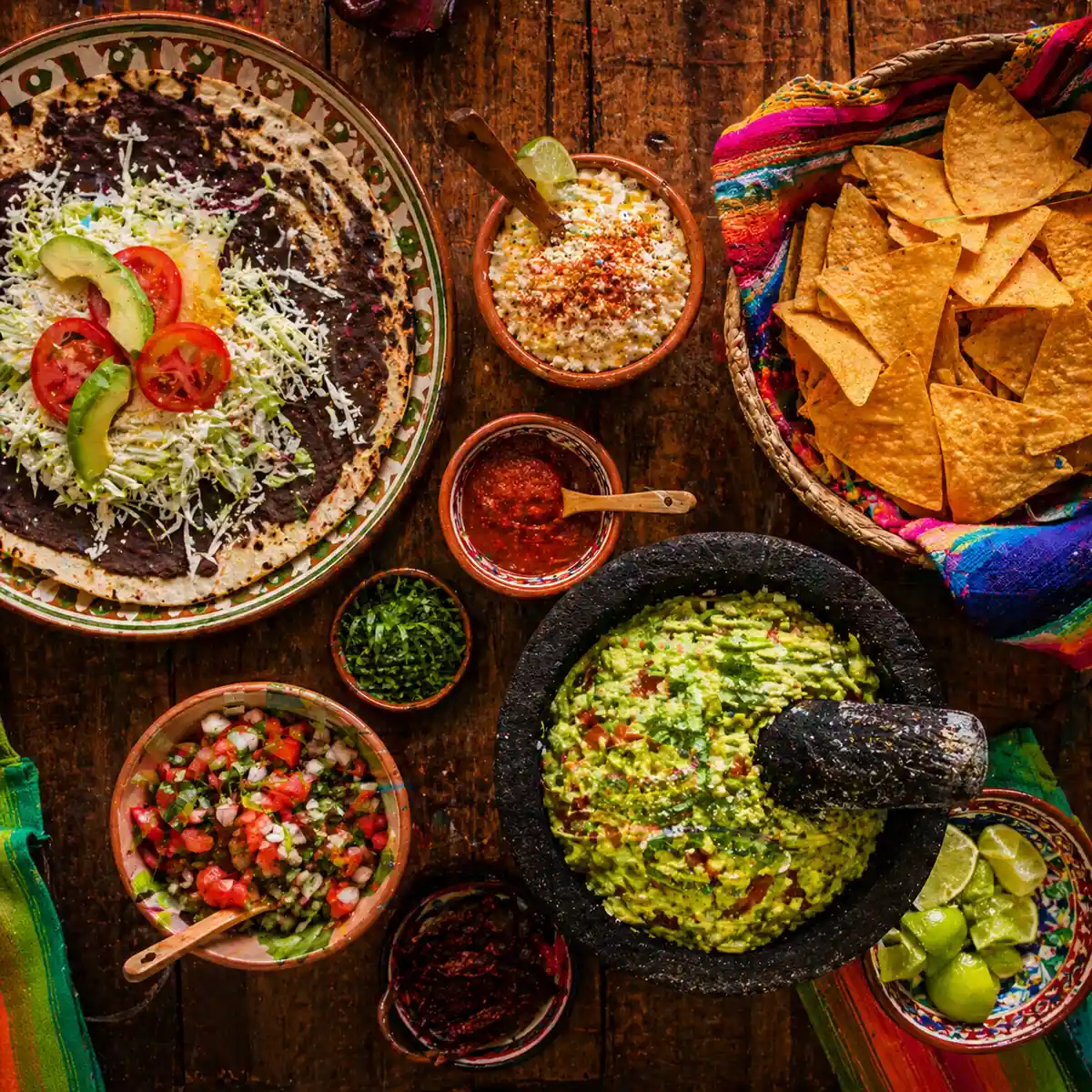 Mexican antojitos and starters at La Milpa: tlayuda, molcajete guacamole, esquites