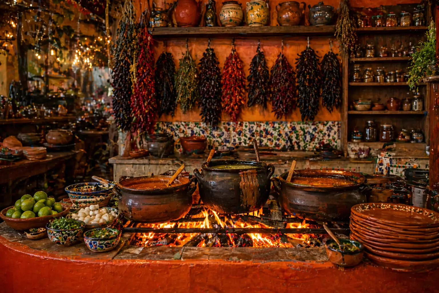 Traditional Mexican open kitchen at La Milpa restaurant, clay pots and dried chiles