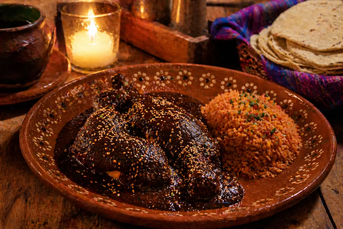 Oaxacan mole negro served in clay plate at La Milpa restaurant, Mexico City